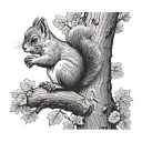 a squirrel climbing an oak tree. the tree has acorns growing on it tattoo design idea