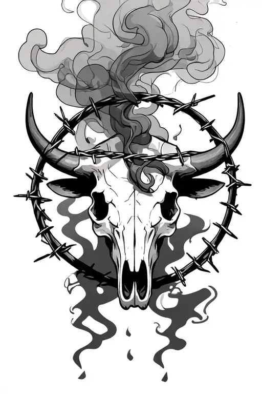bull skull with barbed wire and smoke coming out of its nose tattoo design idea