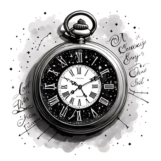 pocket watch surrounded by constellations on face and text on open back tattoo design idea