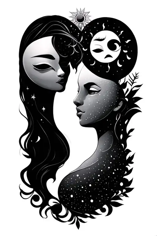 happy sad masks, sun and moon strong female friendship tattoo design idea