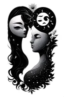 happy sad masks, sun and moon strong female friendship tattoo design idea