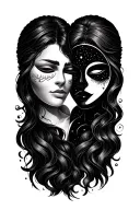 happy sad masks, sun and moon strong female friendship tattoo design idea