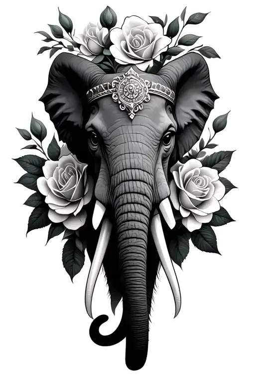 Carthage War Elephant Head With Roses and Magnolias tattoo design idea