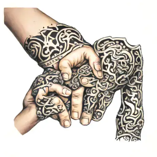 bicep sleeve, fathers hand holding 3x childrens hands. liam, noah and chloe tattoo design idea