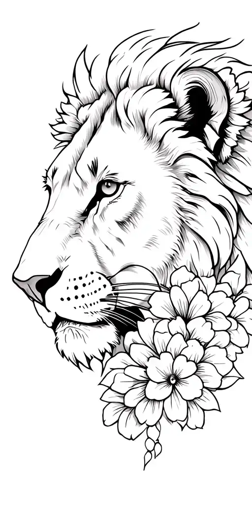 Flowers Lionne Lion clock in profile looking at tattoo design idea