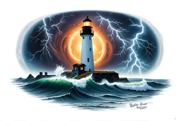 lighthouse, black hole, planet, lightning, storm tattoo design idea
