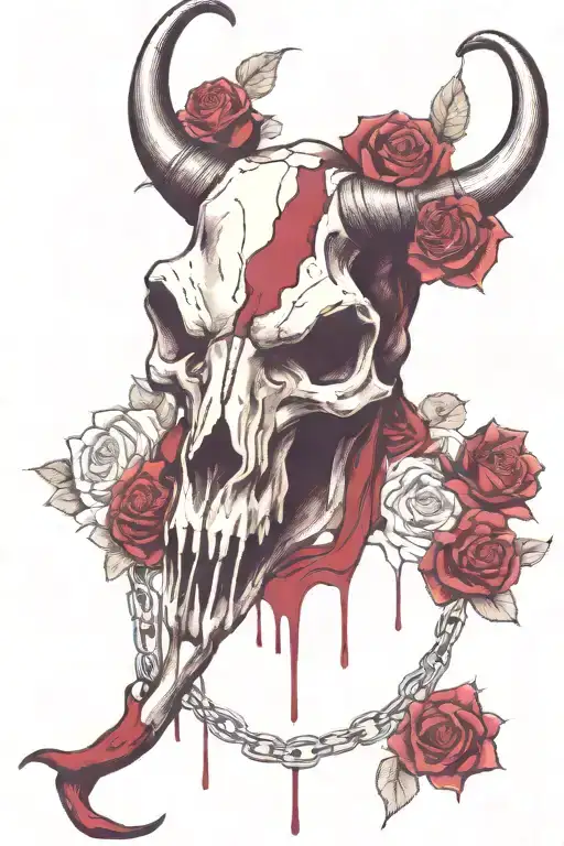 a bull skull tattoo, a thin chain hanging from one of its horns, and several roses in aggressive burgundy tones tattoo design idea