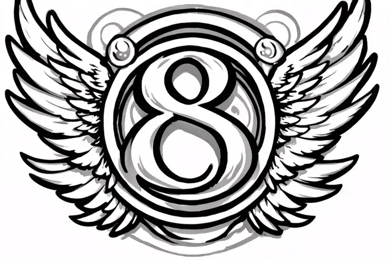 number 8 and wings with circle and 4 cirlcles around the 8 tattoo design idea