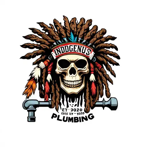 "INDIGENOUS PLUMBING EST.2020" skull dreadlock Native American warrior fixing faucet tattoo design idea