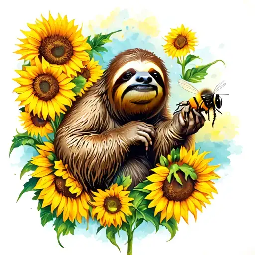 sloth holding a bee in one hand and surrounded by sunflowers tattoo design idea