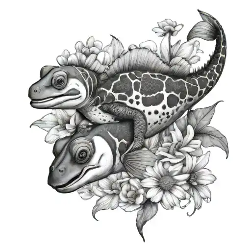 t-rex clownfish and daisy tattoo design idea