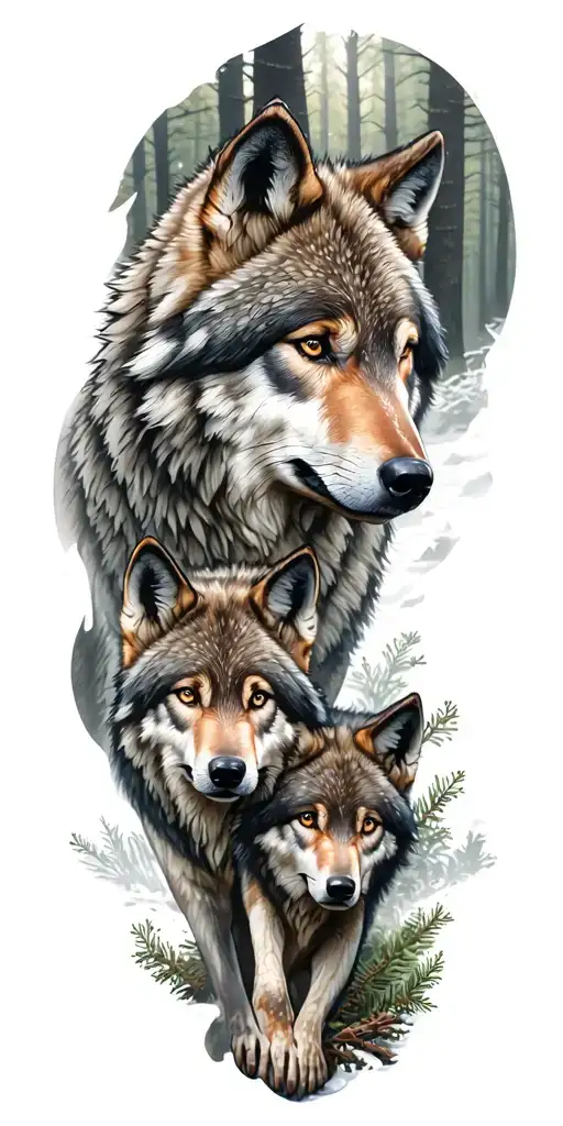 represent father and son as wolves in a detailed forest tattoo design idea