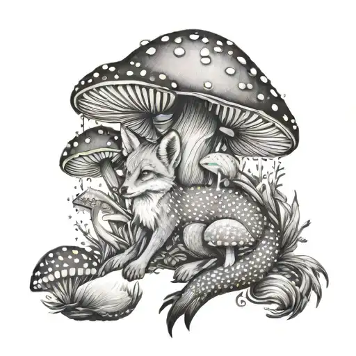 fairy, fox mushrooms tattoo design idea