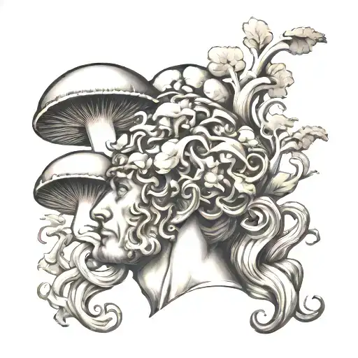 Dionysus god beautiful mushroom growing from head tattoo design idea