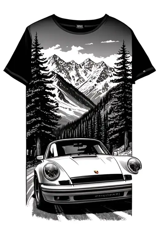 vintage Porsche 911 driving through the Alps (with trees, mountains, and atmospheric detail) tattoo design idea