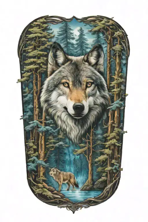 wolf blue eyes howling forest landscape tattoo design idea