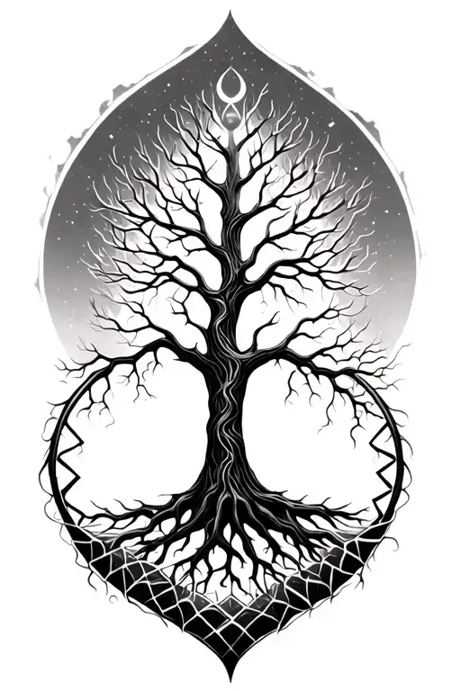 Tree of life where the roots form a dna strands. Use geometrical patterns if possiblr.  tattoo design idea