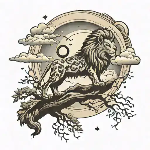 small lion moon trees clouds tattoo design idea