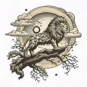 small lion moon trees clouds tattoo design idea