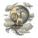 small lion moon trees clouds tattoo design idea