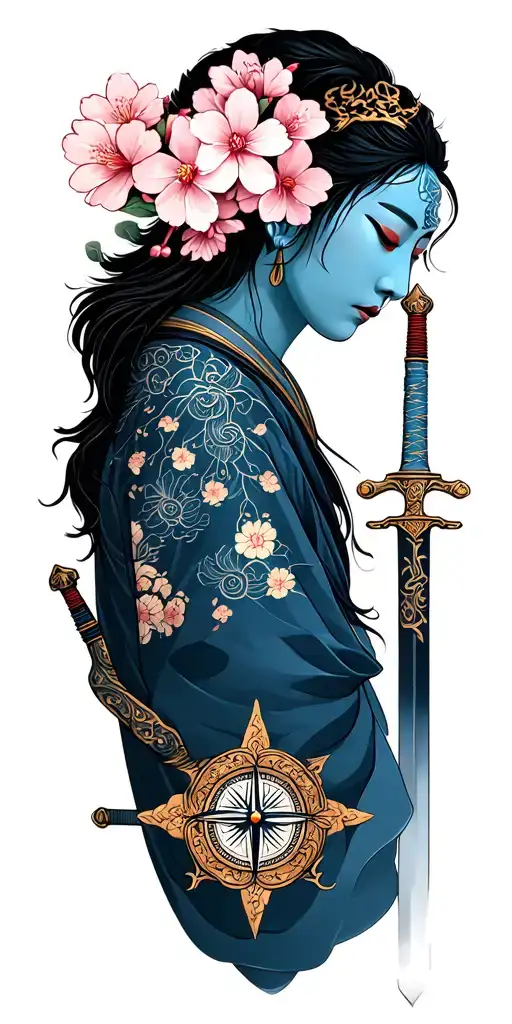 Buddhism samurai swords cherry blossom shiva rudaraksh malla Greek weapon graves full arm sleeve and compass  tattoo design idea