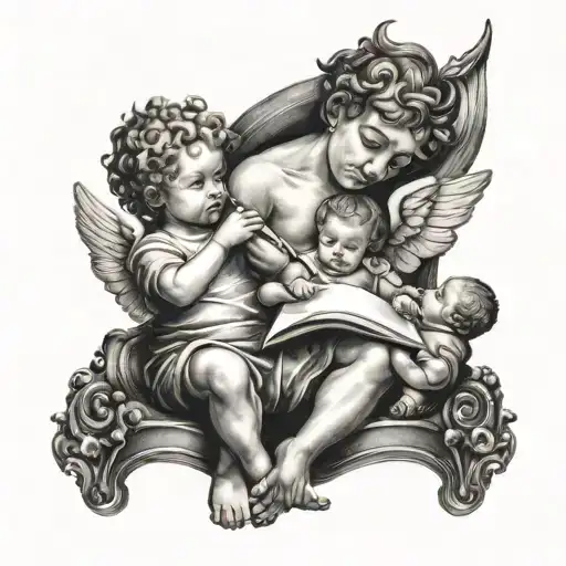 family writing and cherub watching tattoo design idea