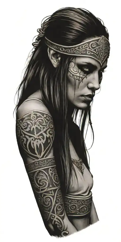 viking woman bloody sword cuff tattoo design idea