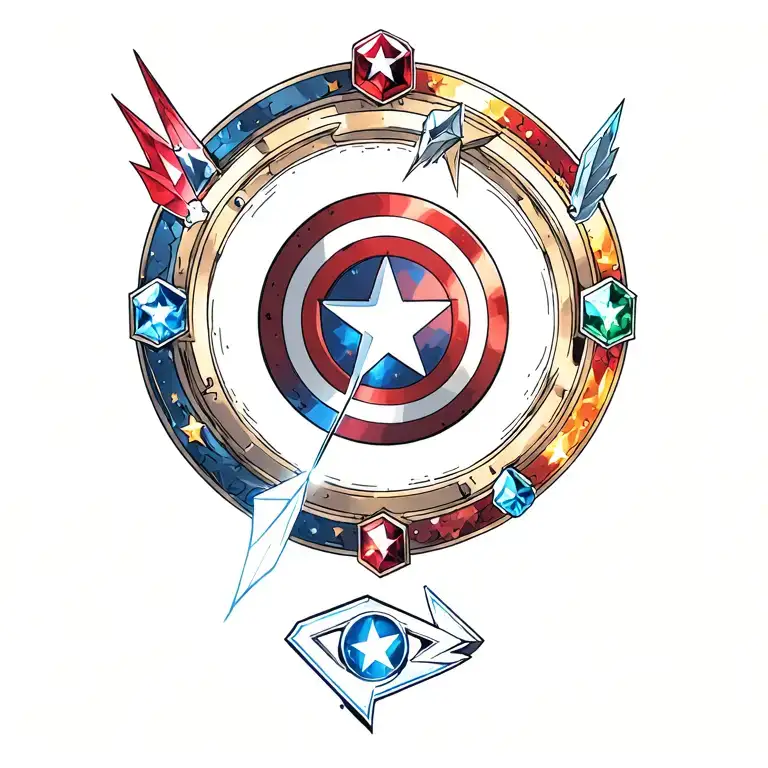 half cap america shield half arc reactor and avengers logo surrounded by infinity stones, hawkeye arrow going through it tattoo design idea