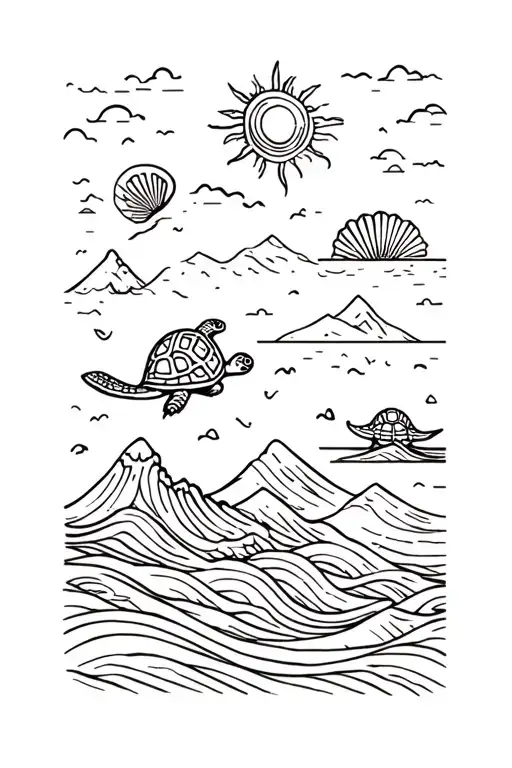 plane medley, waves, shells, mountains, sun, turtle tattoo design idea