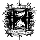 A whimsigoth hourglass with a banner that reads "Time casts a spell on you, but you won't forget me" tattoo design idea