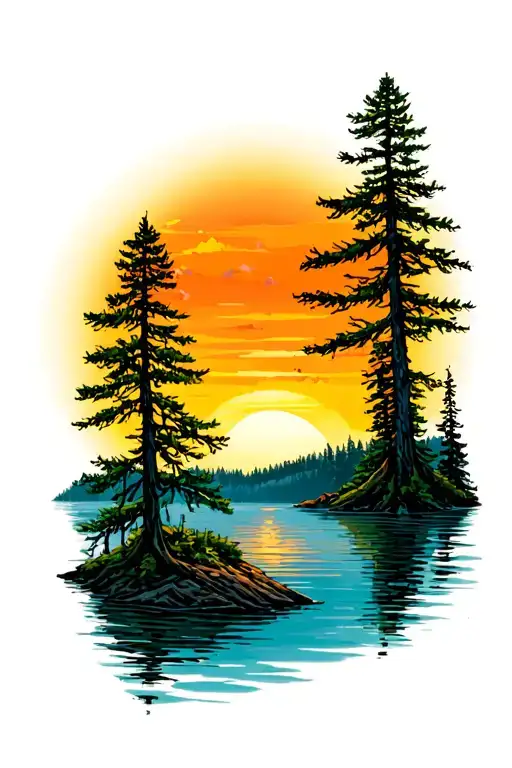 pine trees colors sunset over lake tattoo design idea