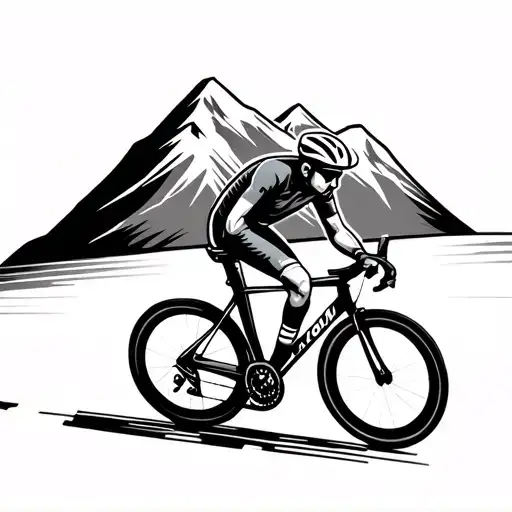 road cyclist and polish mountain in a background. he is road which looks like hartbeat line  tattoo design idea