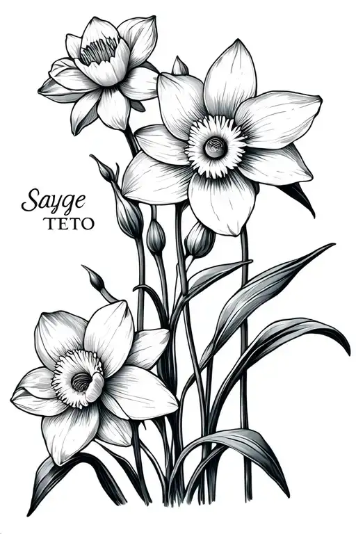 "Sayge " daffodil and water lily stacked with thin stems. flowers on opposite directions and names sitting on the stem  tattoo design idea