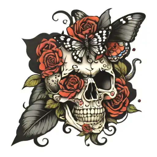 skull butterflies dice roses tattoo design idea