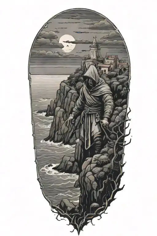A hooded cultist walking along a cliff on a stormy night, with ocean in background, isolated island with a monastery tattoo design idea