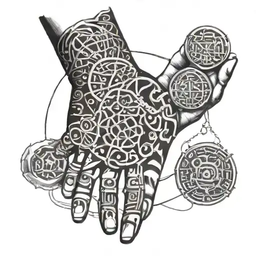 Hand holding biological cell and coin: tattoo design idea