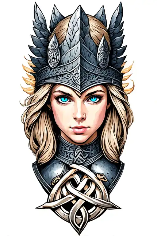 Valkyrie with blue eyes on armor tattoo design featuring Celtic trinity knot  tattoo design idea