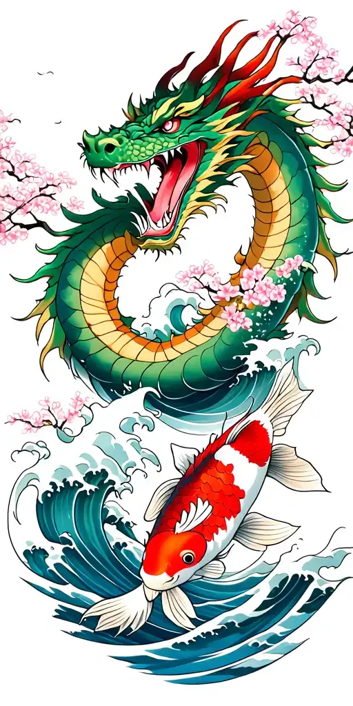 A fierce dragon emerging from the ocean waves with cherry blossom trees in the background with koi fish tattoo design idea