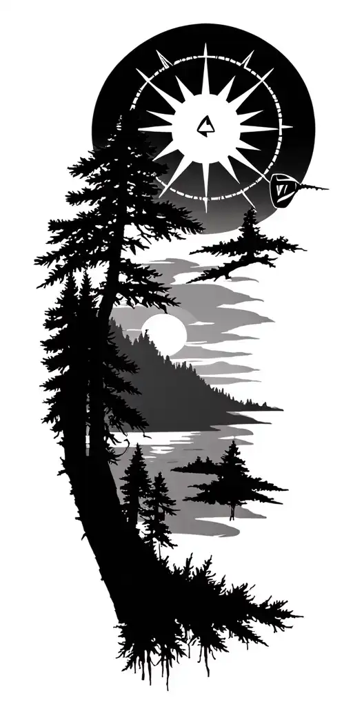 nature, pinetrees. sunset, compass rose tattoo design idea