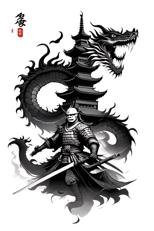 Asian dragon gaurding pagoda temple alongside samurai warrior with mask at bottom wielding sword tattoo design idea