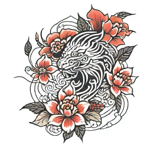 Korean style , thin lines , no flowers , red and black colors tattoo design idea