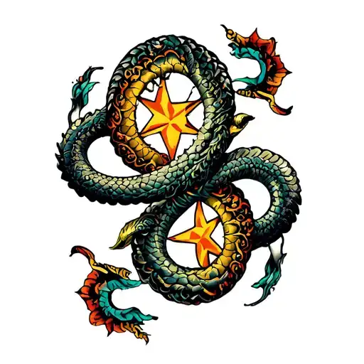 Two of two words on the neck of Serpent on the left side of Morning Star to the right tattoo design idea