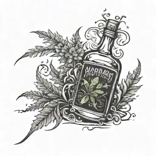 A surreal scene of a whiskey bottle morphing into a weed plant with comic book style lettering tattoo design idea