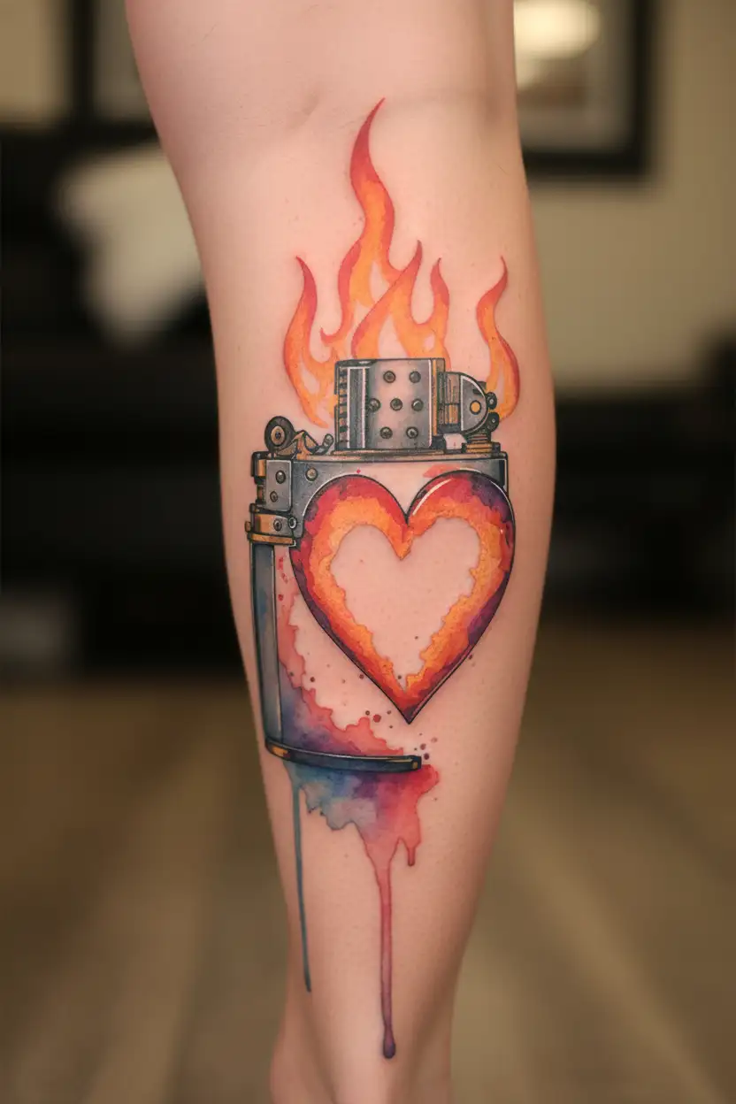 Steampunk style lighter in the shape of a heart with flames shooting out of it tattoo design idea
