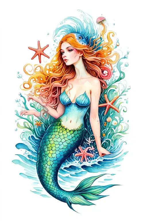 mermaid,Watercolor,, waves, flowers, small jellyfish, small octopus, starfish tattoo design idea