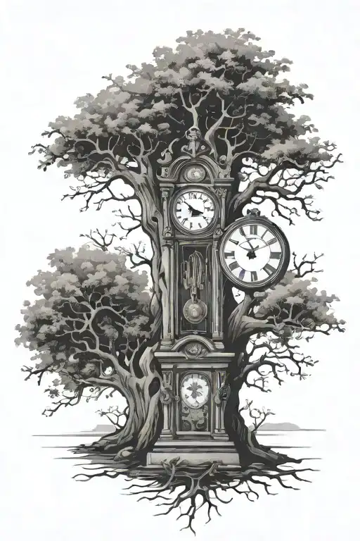 grandfather clock inside tree tattoo design idea