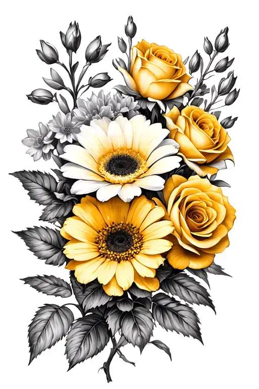 Yellow roses Dying snapdragons Gerbera daisy Zinnia Sunflower Bluebonnets Pink roses Lotus flower Stargazer lily tattoo design idea