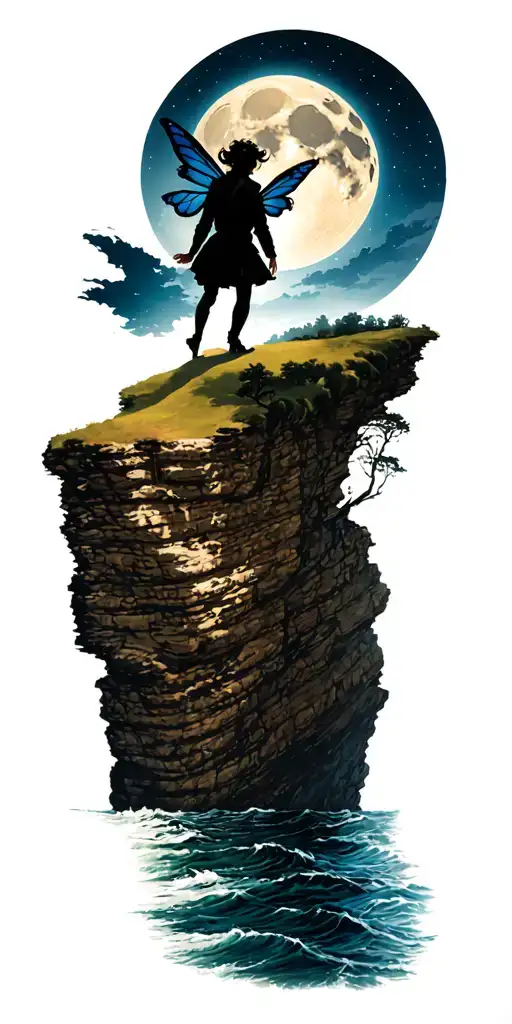 A Victorian era man walking toward the edge of a seaside cliff. above the cliff is a fairy silhouetted by a full moon tattoo design idea