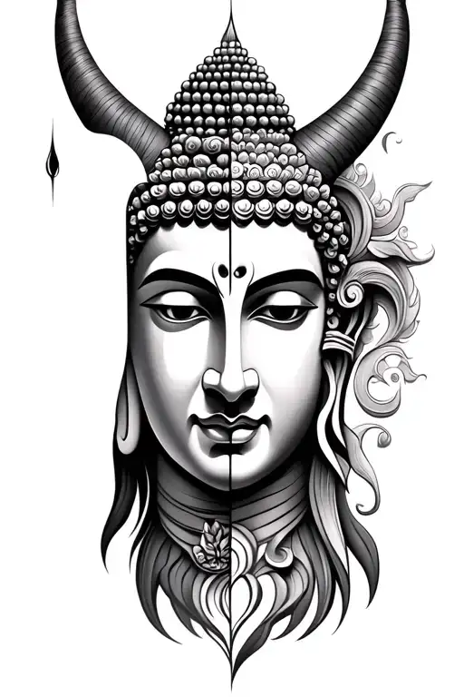 Half buddha and half devil face tattoo tattoo design idea