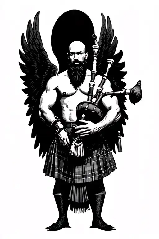 legless shirtless muscular bagpiper bald black beard playing bagpipes hoge black wings tattoo design idea